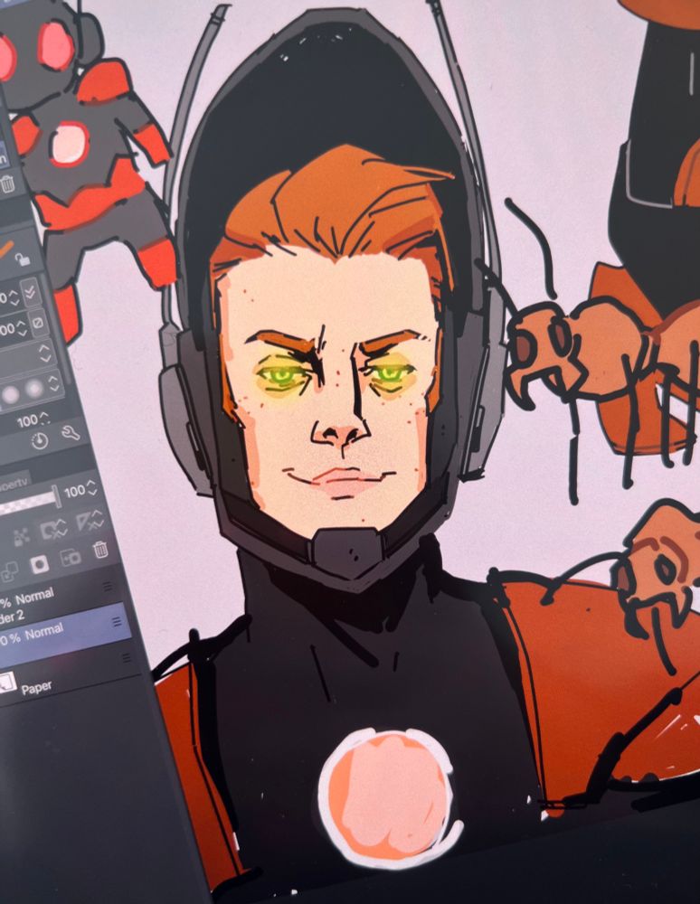 Photo of an iPad screen, showing various doodles and a guy with glowing green eyes. #kimgakaku