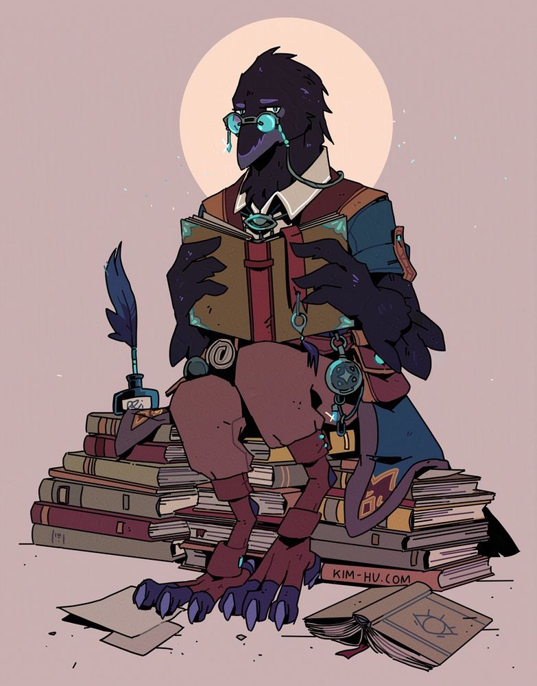 Illustration of a bird character sitting on a pile of books.
_
#kimgakaku