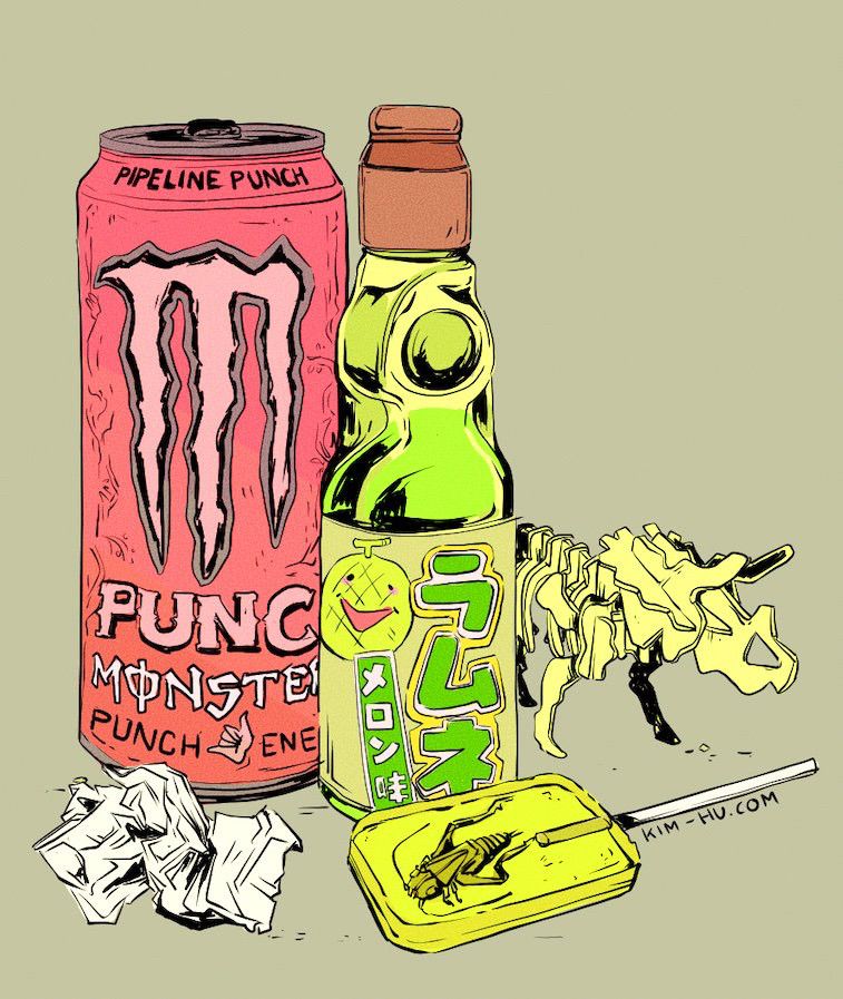 doodle of a soda can and bottle, little trinkets and a candy with an insect inside. #kimgakaku