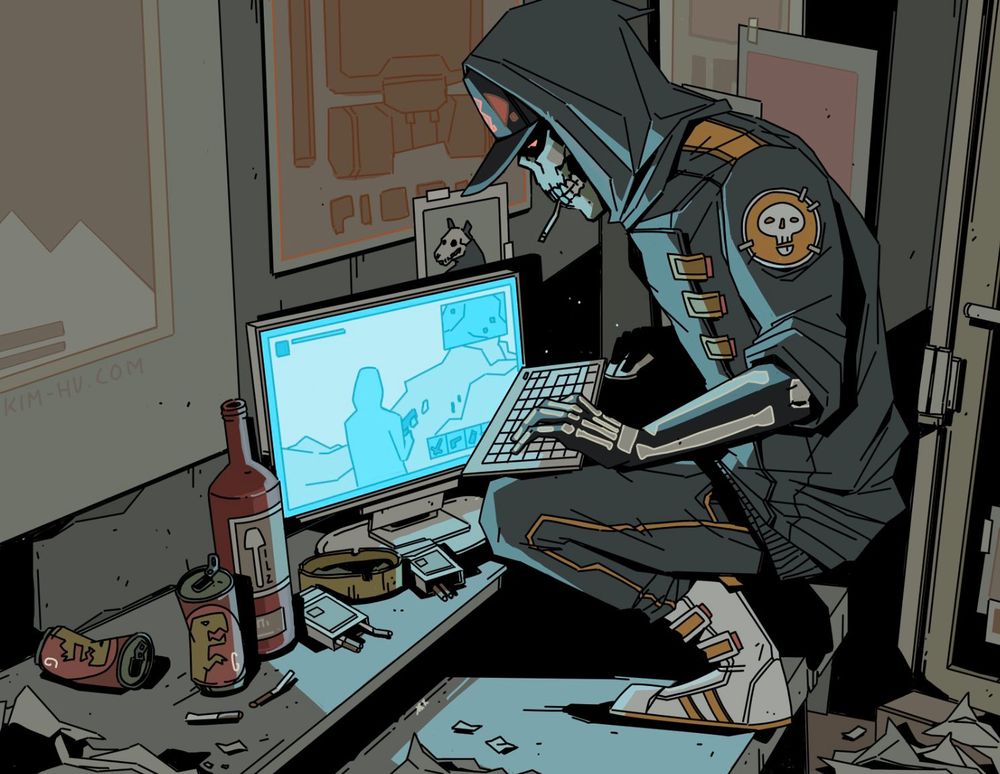 Illustration of my character Fritz, crouching on his desk and playing a video game. #kimgakaku
