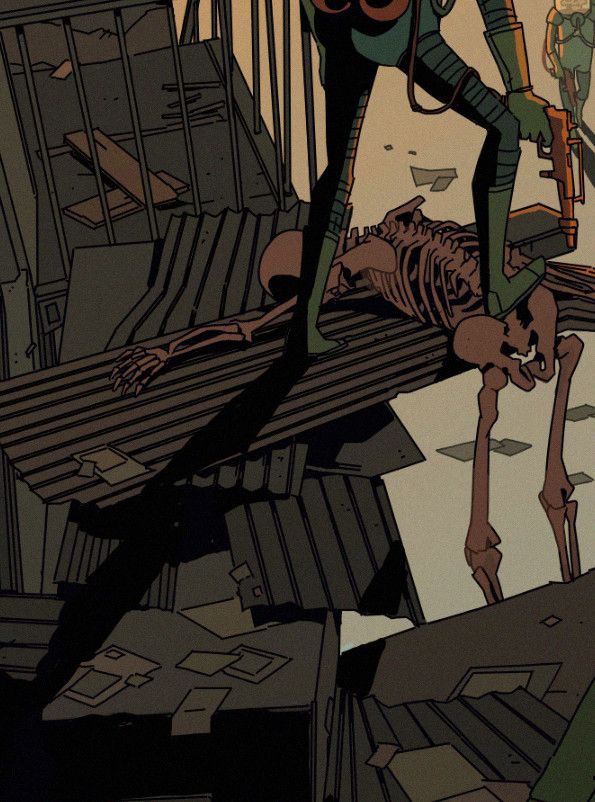 A cropped illustration, showing a skeleton hanging from a pile of rubble, someone is stepping on it.