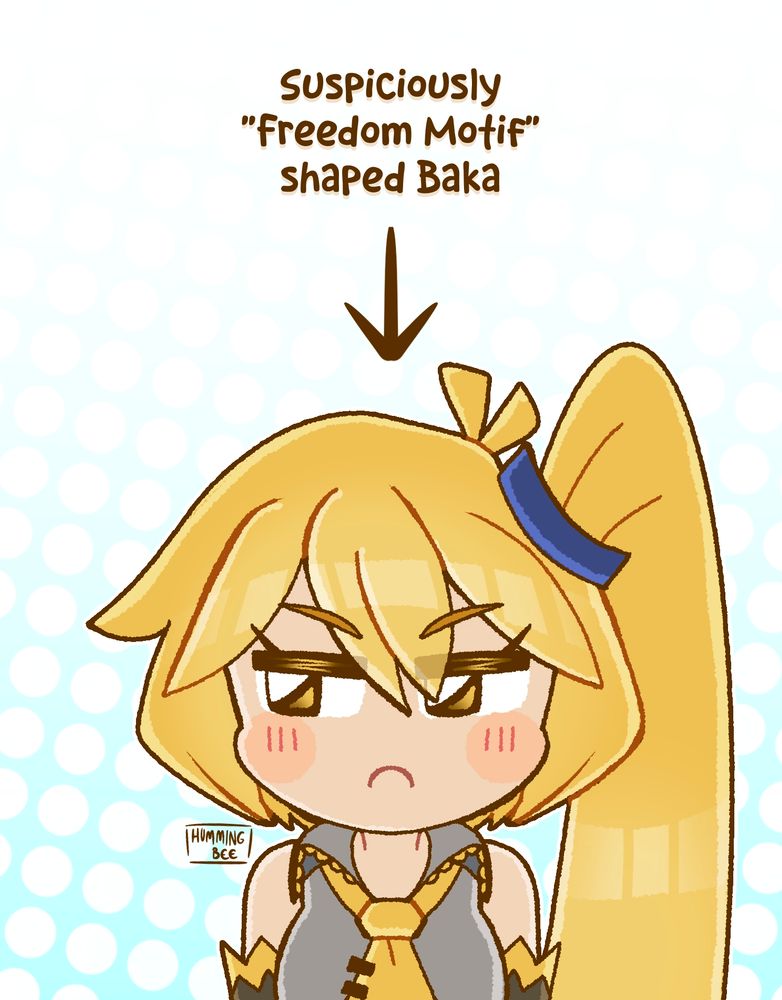 Akita Neru in a chibi style standing with her arms to the side. She's looking away and an arrow is pointing at her. Text above the arrow reads "Suspiciously "freedom motif" shaped baka"