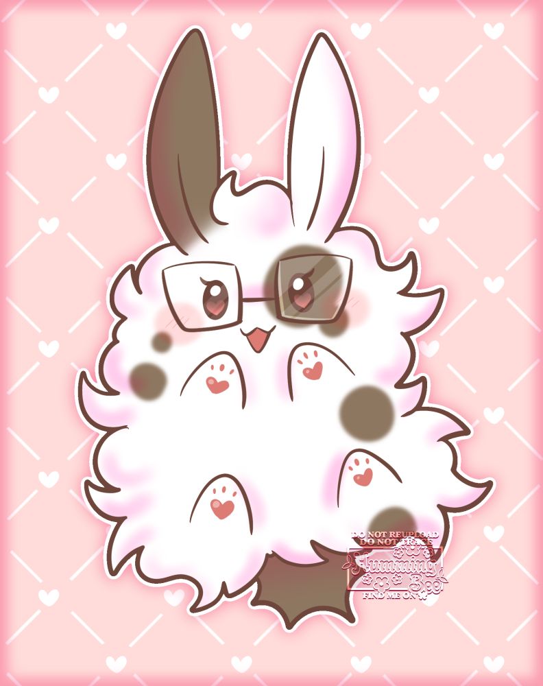 A digital drawing of a super fluffy white angora bunny with brown spots and cute glasses.