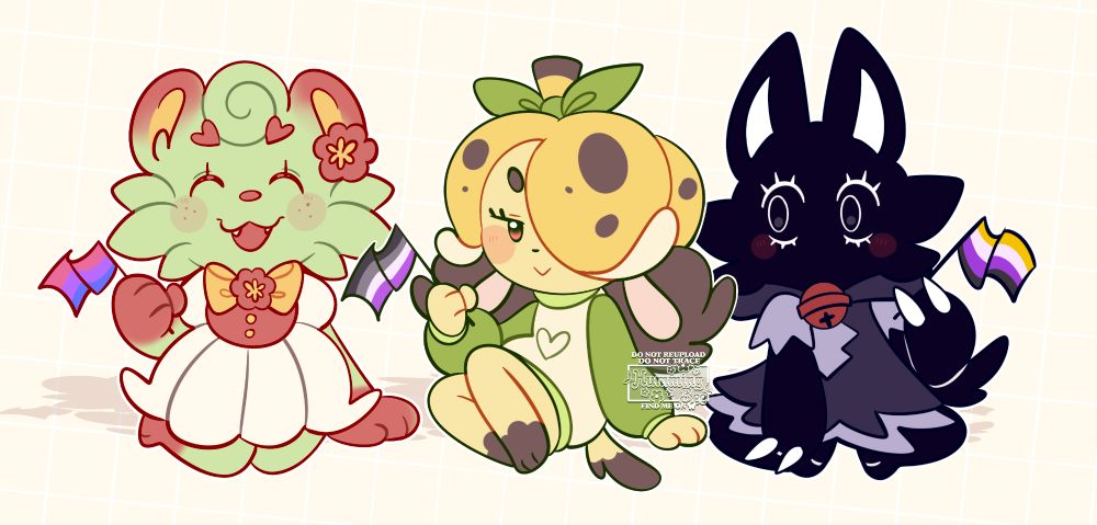 Marigold, Taffy and Onyx, all sitting on the floor and waving a little flag each. Marigold is waving the bisexual flag, Taffy waves the asexual flag and Onyx is waving the non binary flag.