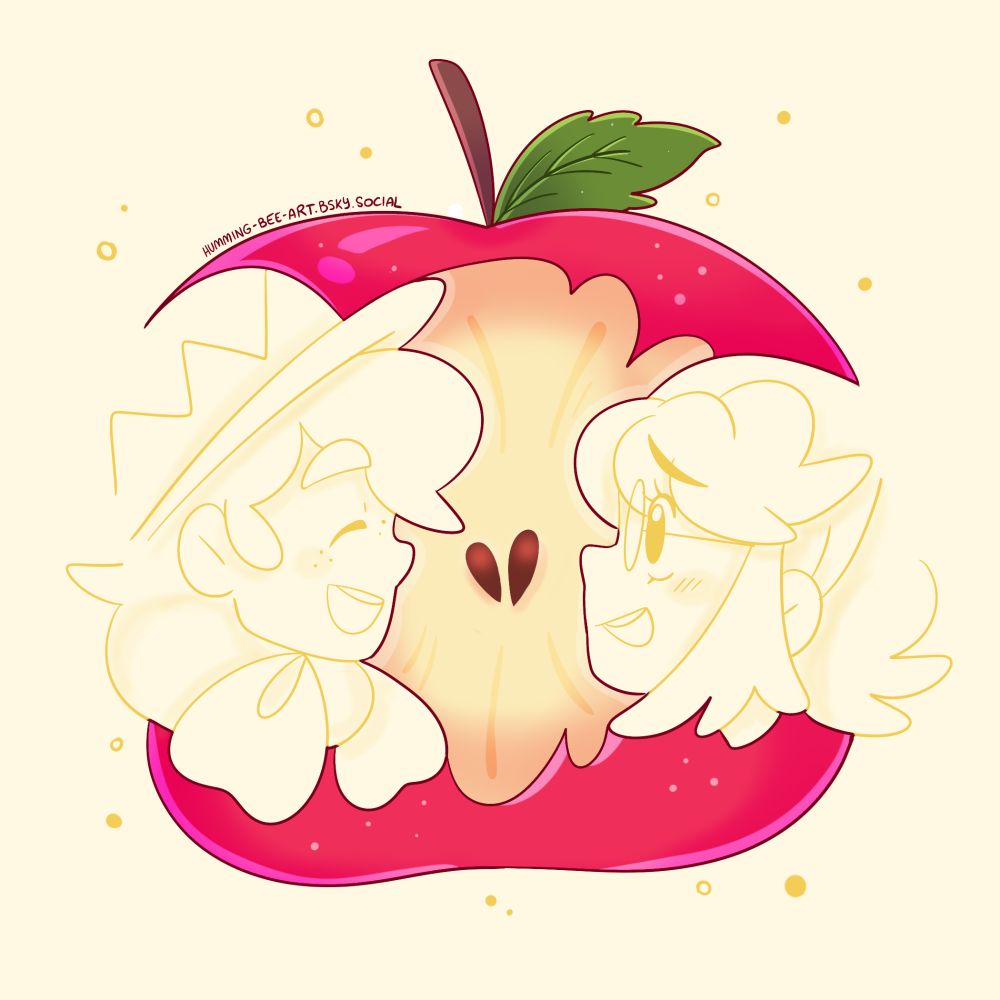 An apple core is in the middle of the image, the skin of the apple is red and the insides are yellow. To each side of the apple core, marking the edges of it, are side profile views of Milo and Mona in yellow lineart, uncoloured but shaded. They're both smiling. The seeds in the apple core loosely resemble a heart.