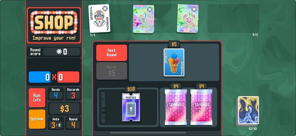 Balatro screenshot with Stuntman and 2 copies of Polychrome Brainstorm on Ante 3