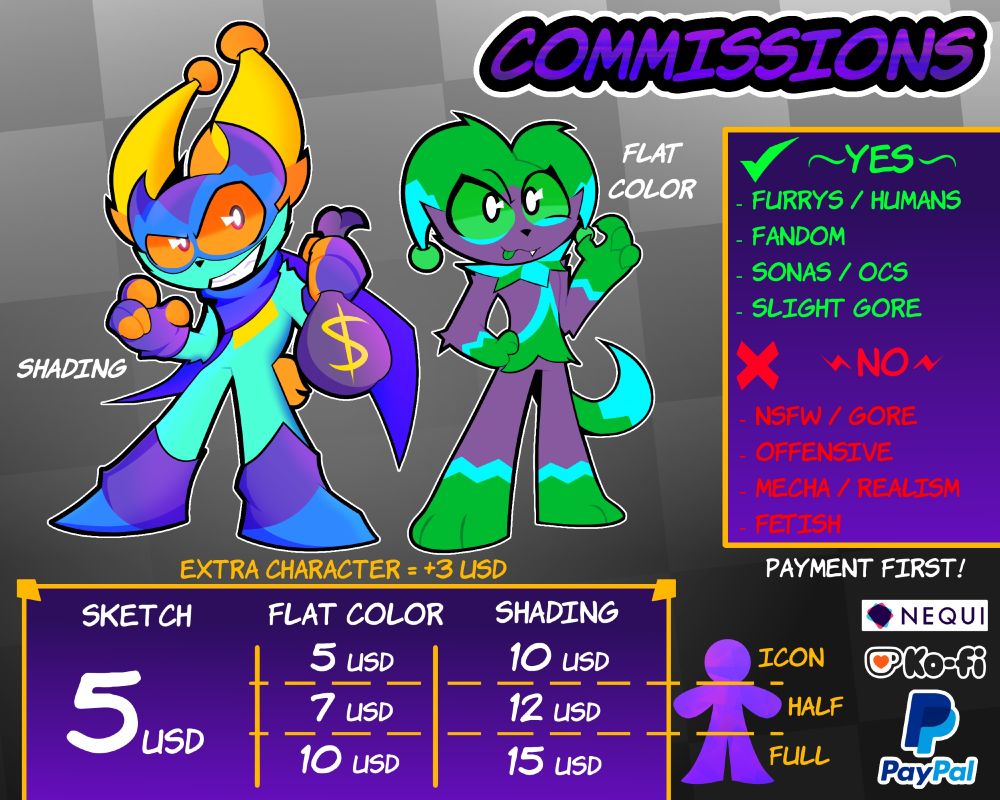 Sketch: 5 USD

🍪--Flat Color--

Icon (Head): 5 USD
Half body: 7 USD
Full body: 10 USD



🎂--Shading--

Icon (Head): 10 USD
Half body: 12 USD
Full body: 15 USD


✔️I Can do:

- Furrys / Humans
- Fandom
- Sonas / Oc's
- Slight gore


❌I Can't do

- NSFW
- Offensive
- Mecha / Realism
- Fetish


Payment can be via Paypal or Ko-fi! :D