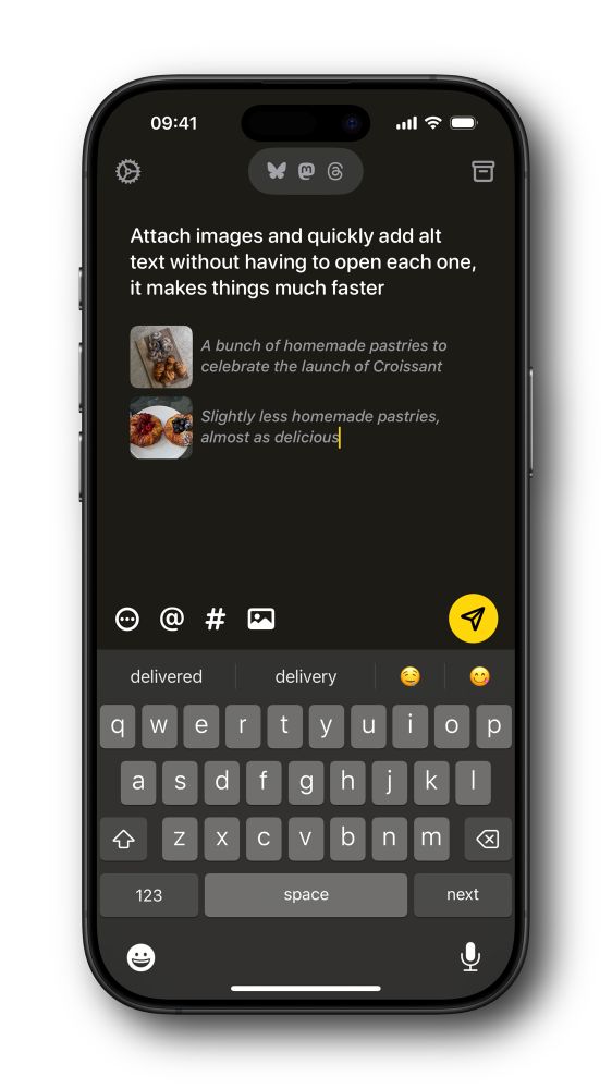 A promo screenshot for Croissant, showing the compose view in dark mode