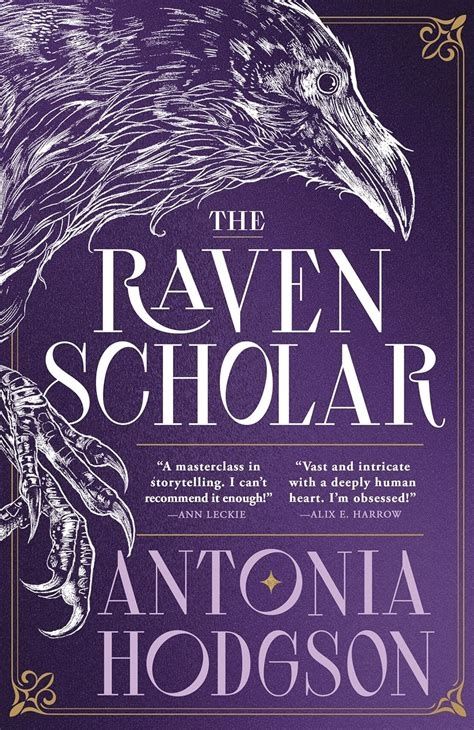 The cover of The Raven Scholar by Antonia Hodgson, featuring a white raven on a purple background with gold accents.