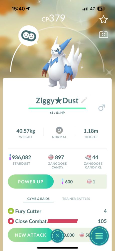 A shiny Zangoose named Ziggy★Dust