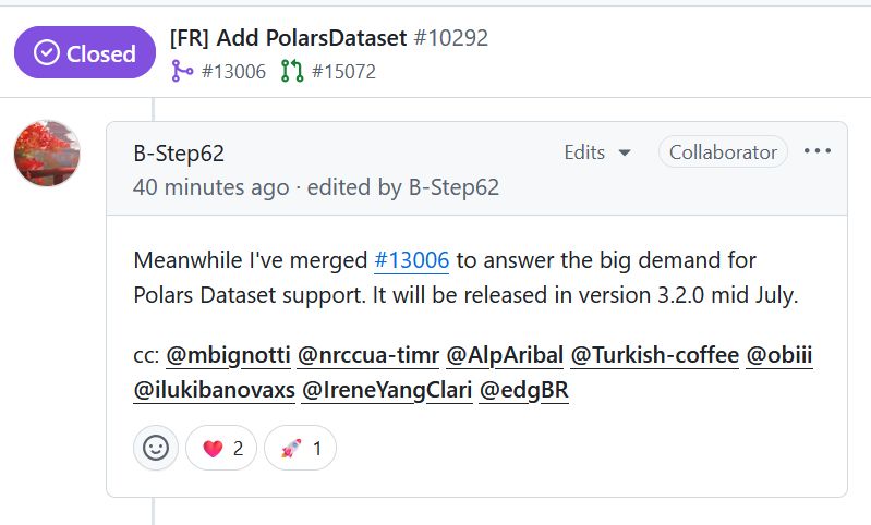 MLFlow maintainer announcing that they merged the Polars dataset PR