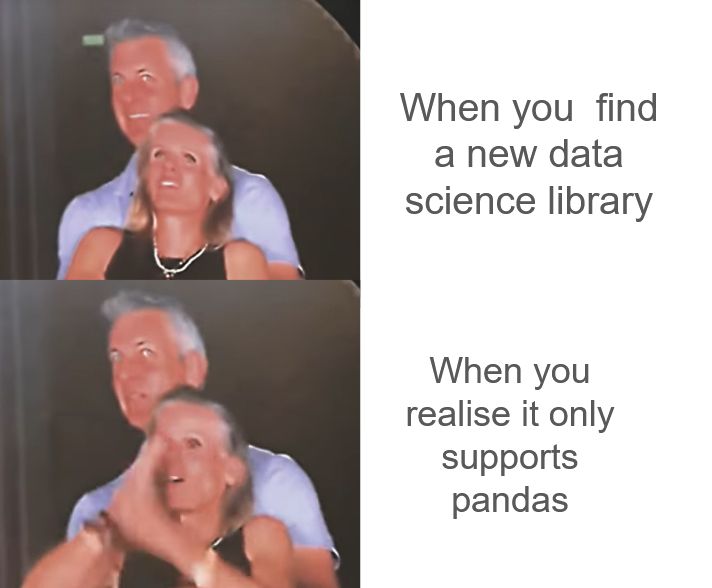 Meme of panicked Astronomer CEO caught on cam with the head of HR, with "When you find a new data science library" and "When you realise it only supports pandas" text overlaid