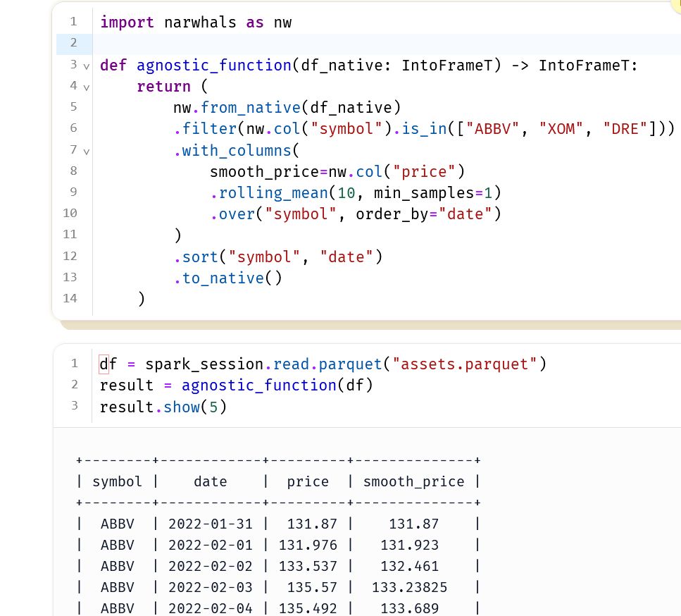 Demo of Narwhals dataframe-agnostic function which supports PySpark