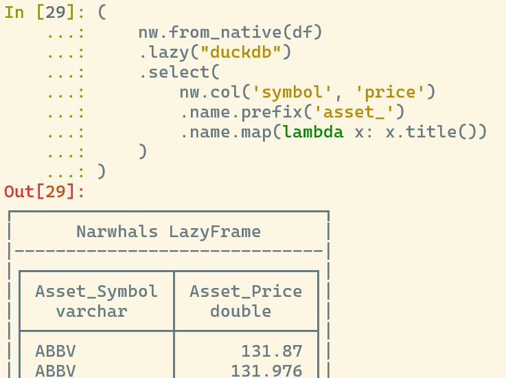 Example of `.name` chaining with Narwhals