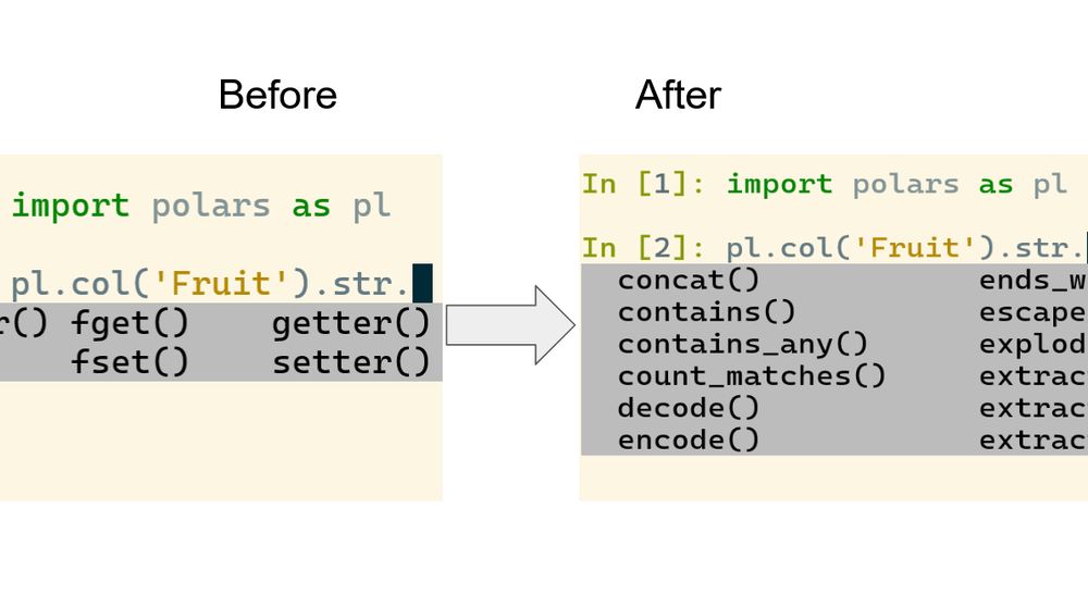 Comparison of before vs after for Polars autocompletion - since 1.27.1, it gives correct suggestions!