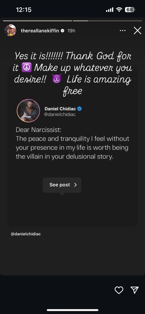 A screenshot of an Instagram story from Ole Miss HC Lane Kiffen, which is itself a screengrab of a post, with a message to narcissists saying “Dear Narcissist: The peace and tranquility I feel without your presence in my life is worth being the villain in your delusional story”. Kiffen captioned the post saying “yes it is! Thanks god for it! Make whatever you desire! Life is amazing free” 