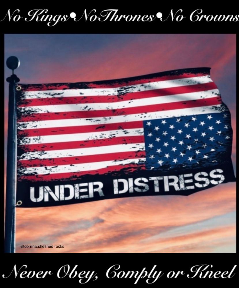 Upside down USA flag with the words 
No Kings, No Thrones and No Crowns at the top and Never Obey, Comply or Kneel at the bottom 