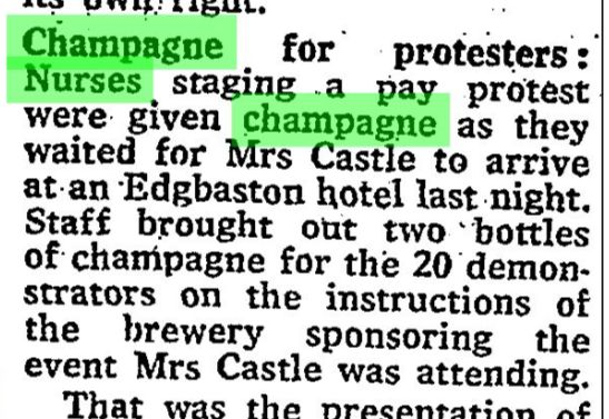 Newspaper cutting 'Champagne for protesters: Nurses staging a pay protest.....'