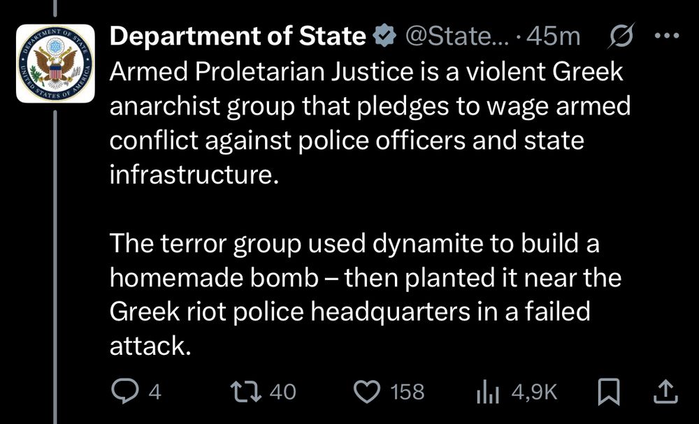 Screenshot from Twitter 

Armed Proletarian Justice is a violent Greek anarchist group that pledges to wage armed conflict against police officers and state infrastructure.
The terror group used dynamite to build a homemade bomb - then planted it near the Greek riot police headquarters in a failed attack.
