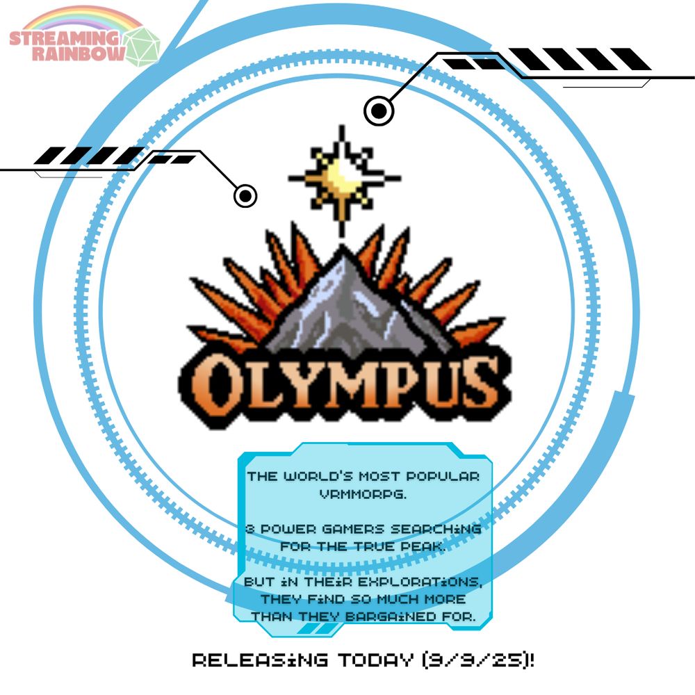 A promo image for an actual play show named Olympus.  It displays the show's logo, a mountain in 8-bit graphics, and gives this information:
'The world's most popular VRMMORPG.
3 power gamers searching for the True Peak.
But in their explorations, they find so much more than they bargained for.'
It then gives a release date for the show of 9/9/25 (today!).