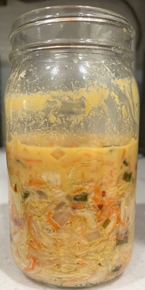 That same jar but opened and from the end of the fermentation process yesterday. I’m not sure how authentic or truly fermented it is but I’m satisfied with how it turned out especially since I’ve never made Kimchi before. 