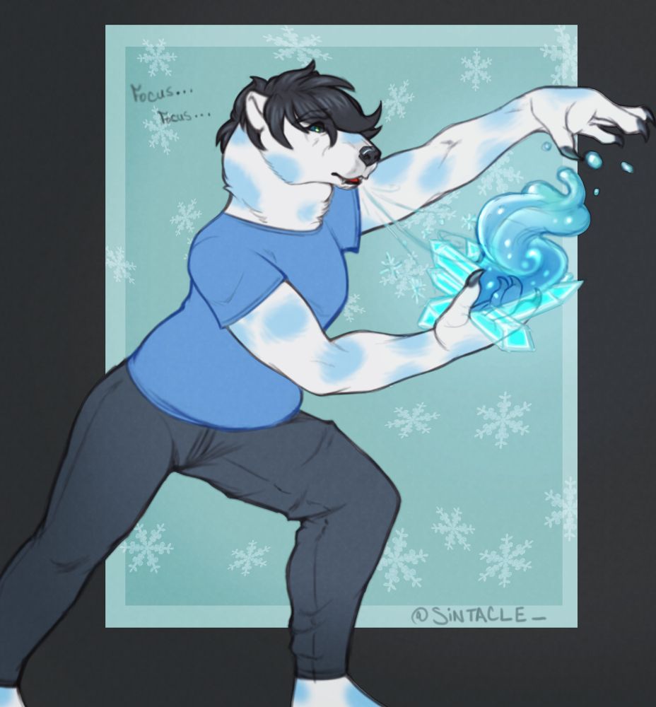 Art of Theo in a blue shirt and jeans practicing to use ice magic muttering focus… focus as he forms ice crystals and the like in his moving paws. 