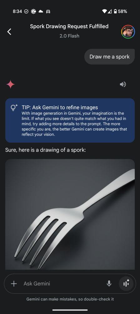 Screenshot of a request I made to Gemini 2.0 Flash to "Draw me a spork". In response, Gemini drew a fork.
