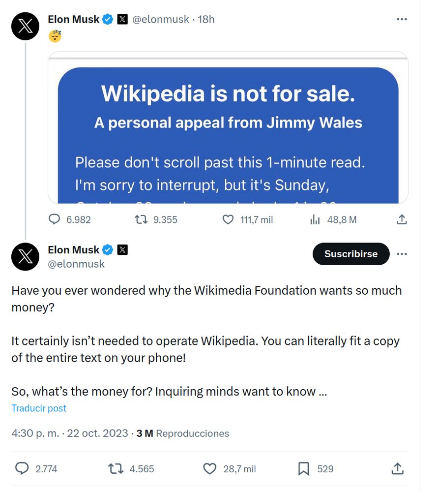 Elon Musk answers to the Foundation Drive "Wikipedia is not for sale" asking "Have you ever wondered why the Wikimedia Foundation wants so much money? [...] So, what's the money for?"