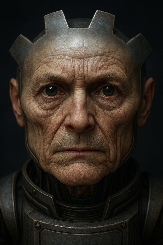 AI-generated logo of Godot, showing metallic spikes and body, but a somewhat "realistic" old face of a man