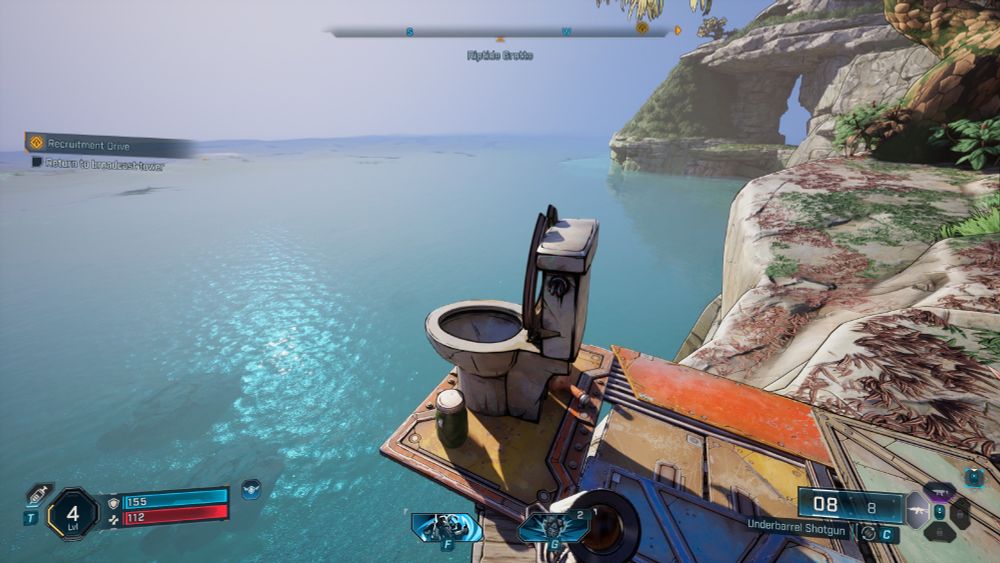 Borderlands 4 screenshot of a toilet on the edge of a cliff overlooking the ocean.