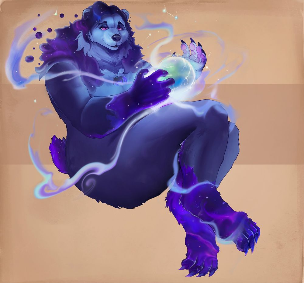 Macro cosmic bear goddess Luna holding the earth in her hands. Art by Dandraeliss