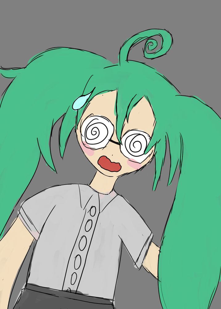 Drawing of Hatsune Miku as depicted in the song "Confessions of a Rotten Girl" by Sawtowne. She is wearing opaque glasses and has an embarrassed expression.
