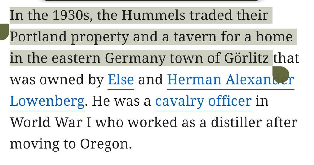 A piece of text from an article about a Portland home. The highlighted text notes that the couple moved back to Germany in the 1930's