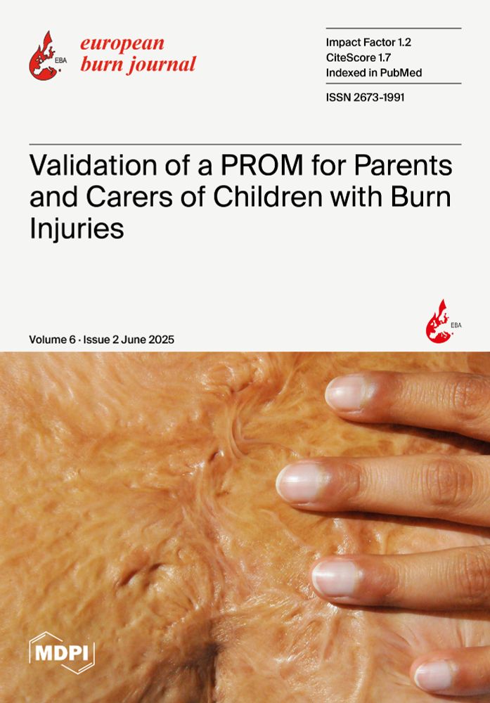 Front cover of European Burn Journal, Volume 6, Issue 2, June 2025, showing a hand on skin that is recovering after a burn