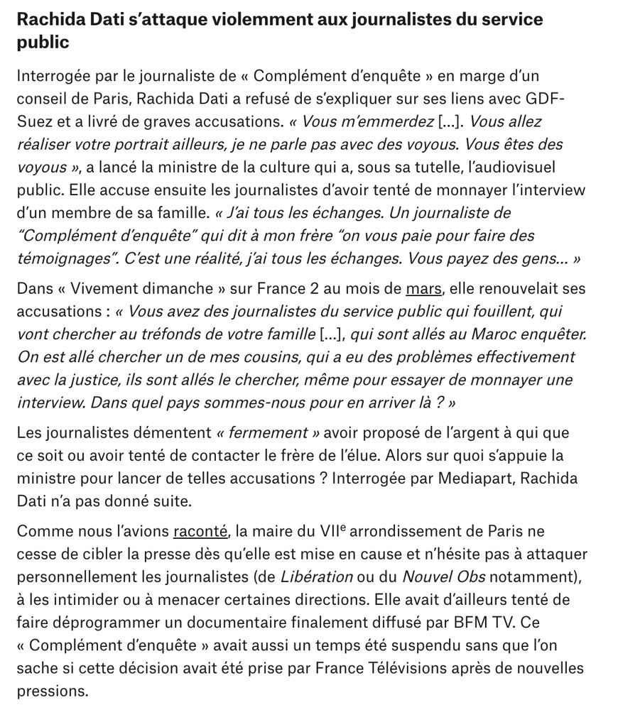 Capture d'écran d'un article de Mediapart sur comment la ministre Rachida Dati s'attaque violemment aux journalistes du service public.