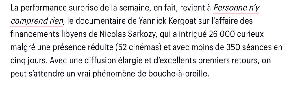 La performance surprise de la semaine revient à "Personne n'y comprend rien", le documentaire de Yannick Kergoat sur l'affaire Sarkozy-Kadhafi révélée par Mediapart.