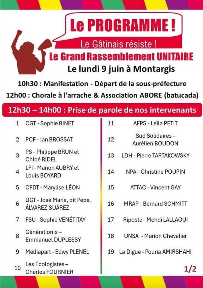 Programme des prises de parole lors du grand rassemblement unitaire contre les extrêmes droites européennes à Montargis le lundi 9 juin.