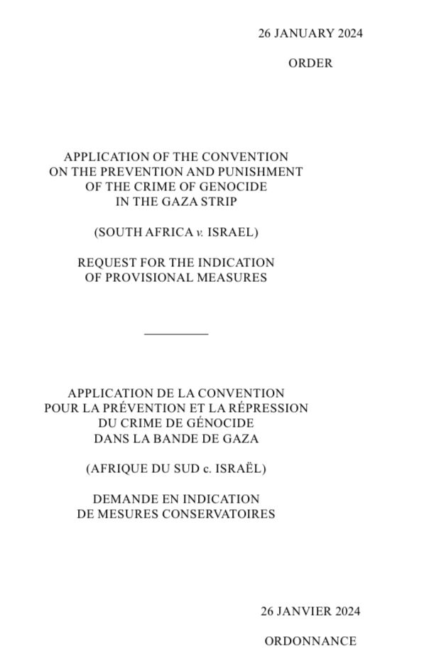 Page de garde de l’ordonnance de la Cour internationale de justice de janvier 2024 pour prévenir le génocide à Gaza