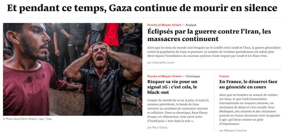 "Et, pendant ce temps, Gaza continue de mourir en silence" : capture d'écran de la Une de Mediapart