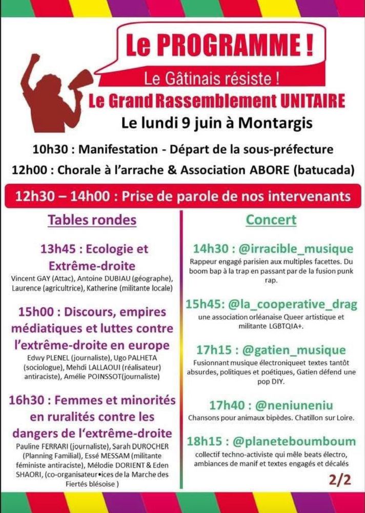 Programme des tables rondes et des concerts lors du grand rassemblement unitaire de Montargis le 9 juin contre les extrêmes droites européennes.