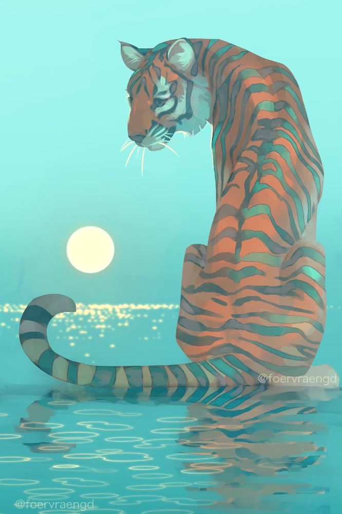 Digital painting of a tiger sitting back facing us. It’s sitting on a very shallow body of water and in the distance we see a faint full moon. 