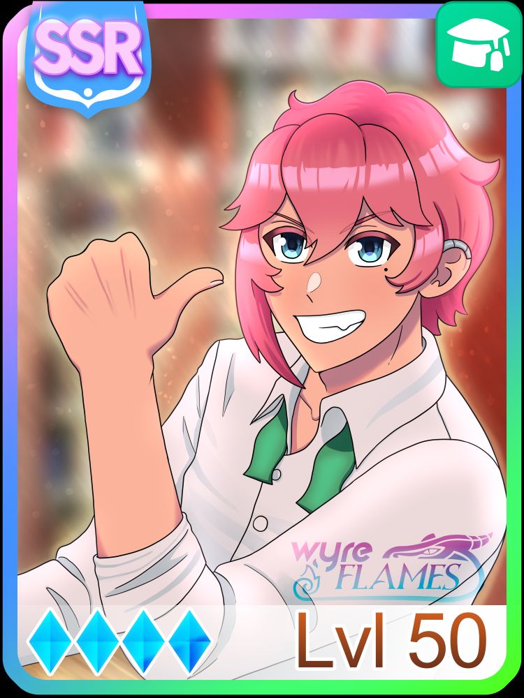 It's a SSR Wit Card for the Horse Girl Game, Umamusume.  The person in the drawing is the Vtuber HelloHarlond. He's grinning at the screen, while pointing at himself with his thumb. 