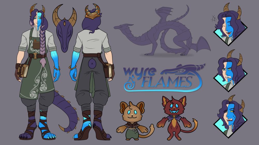 Wyreflames' ref sheet.  It has a front, back, and portrait expressions of Wyre.   The Brownibites are also illustrated at the bottom of the ref sheet, with the Browni on the left, and the Gremlin on the right.  Above the Brownibites, is Wyreflames' logo, and above that is what Wyre looks like in their dragon form. 