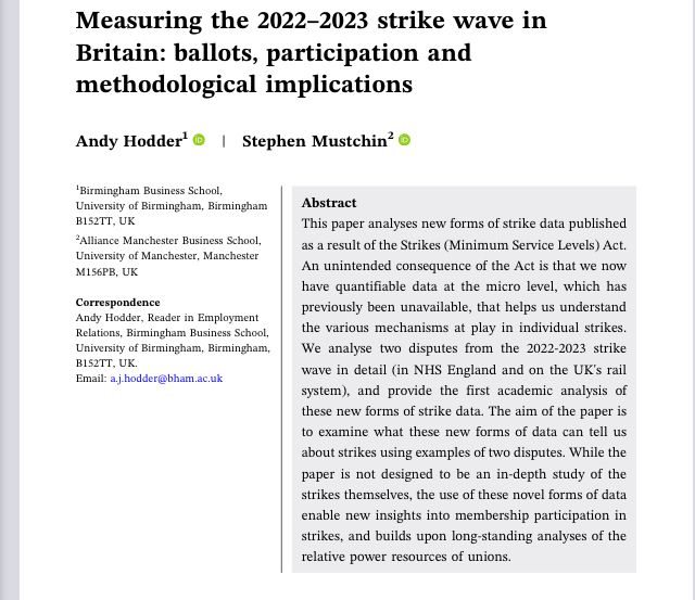 The title page and abstract of ‘Measuring the 2022–2023 strike wave in Britain: ballots, participation and methodological implications’ by Andy Hodder, Stephen Mustchin
