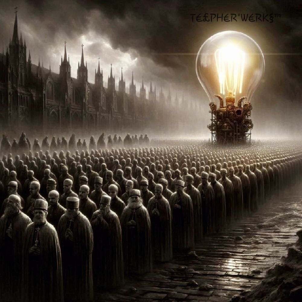 Storm clouds loom large on this dreary,  overcast day. A solemn procession works it's way down a cobblestone street as it carries the sacred object, a gigantic incandescent bulb, burning brightly. Gothic architecture lines one side of the street while hundreds of high priests in robes, and with their heads covered, accompany the object to its' destination.