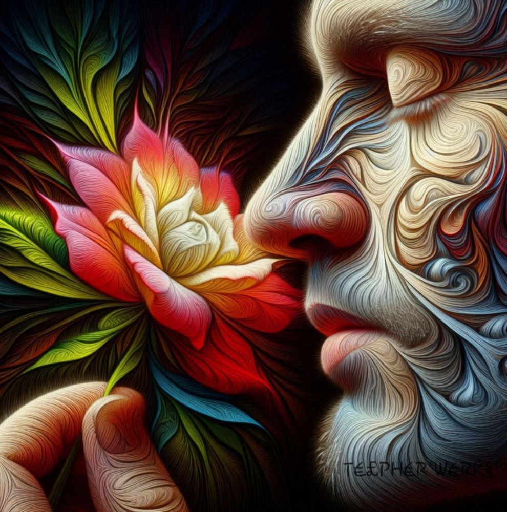 Represented in fractals, a man enjoys a Double Delight Rose