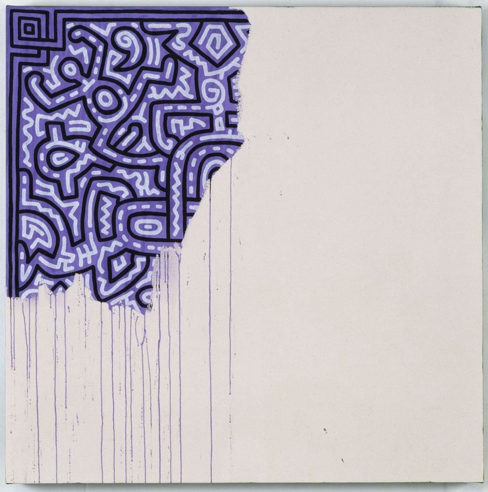 A square canvas. Only the top corner is filled with Harings distinctive figures, rendered in Lavender, the rest is blank.