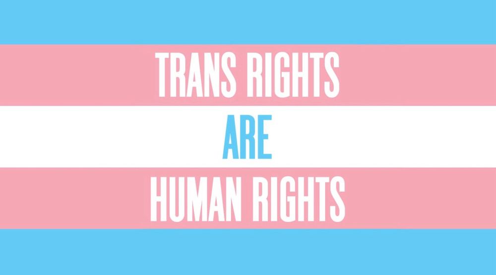 Trans flag with ‘trans rights are human rights’ written on it. 