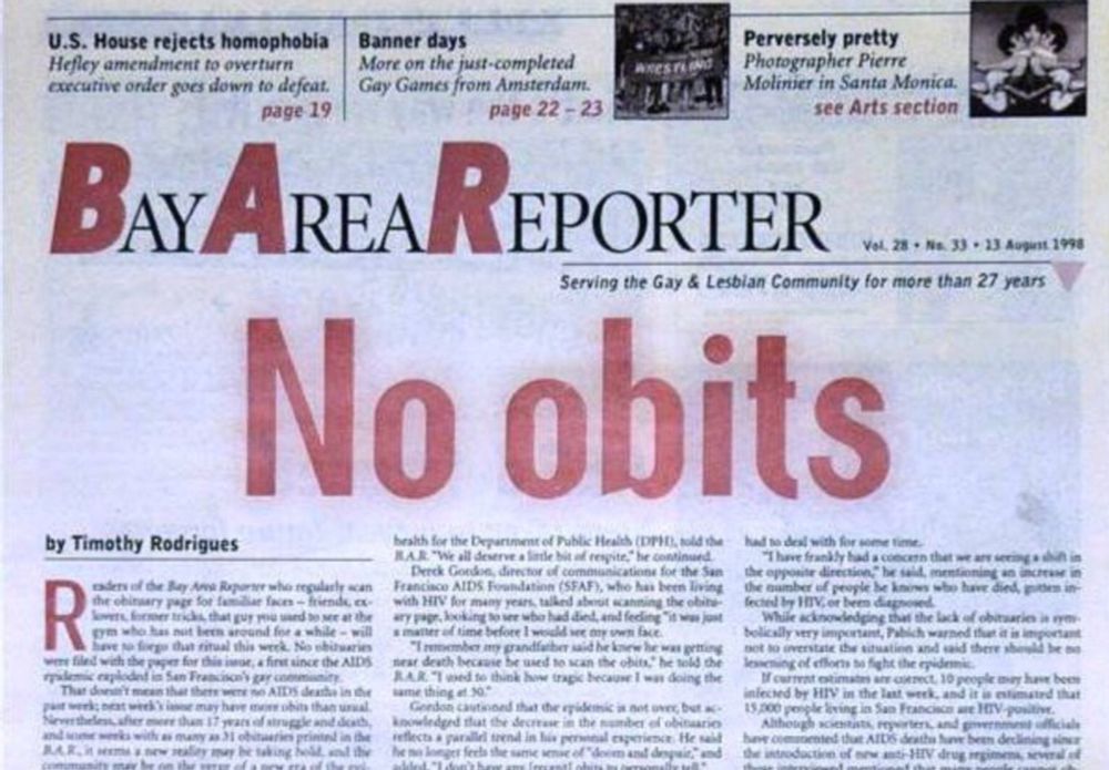 The Bay Area Reporter front page, 13 August 1998.
The headline ‘No obits’ is written in red above the lead story. 