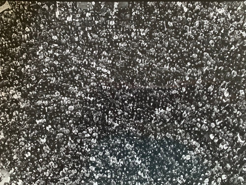 A black and white aerial view of a crowd. You need to zoom in to see that they are people, they just look like dots at first. 
I’m the top left quarter. 